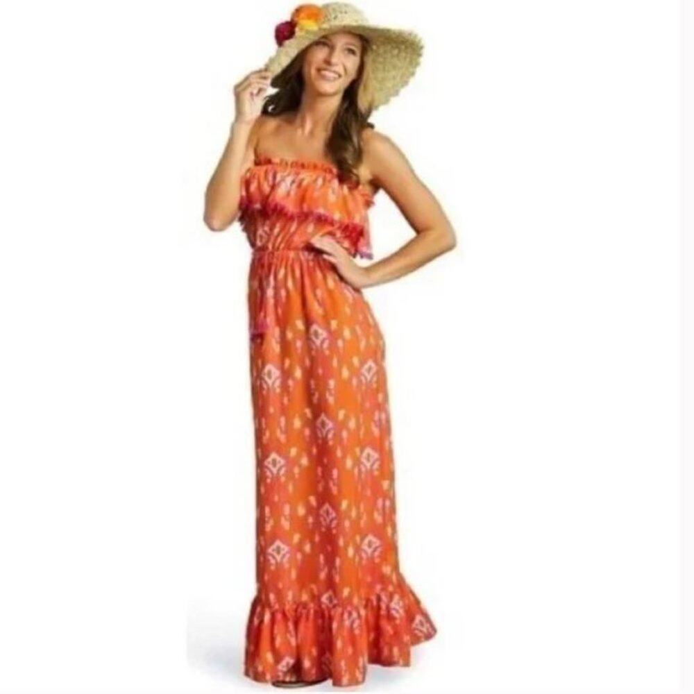 NEW Mud Pie Orange Ikat Maxi Dress Strapless Tiered Ruffle Vacation Resortwear